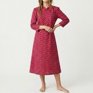 Vintage Handcrafted A-Line Midi Pink Red Geometric Mid Century 70’s House Dress